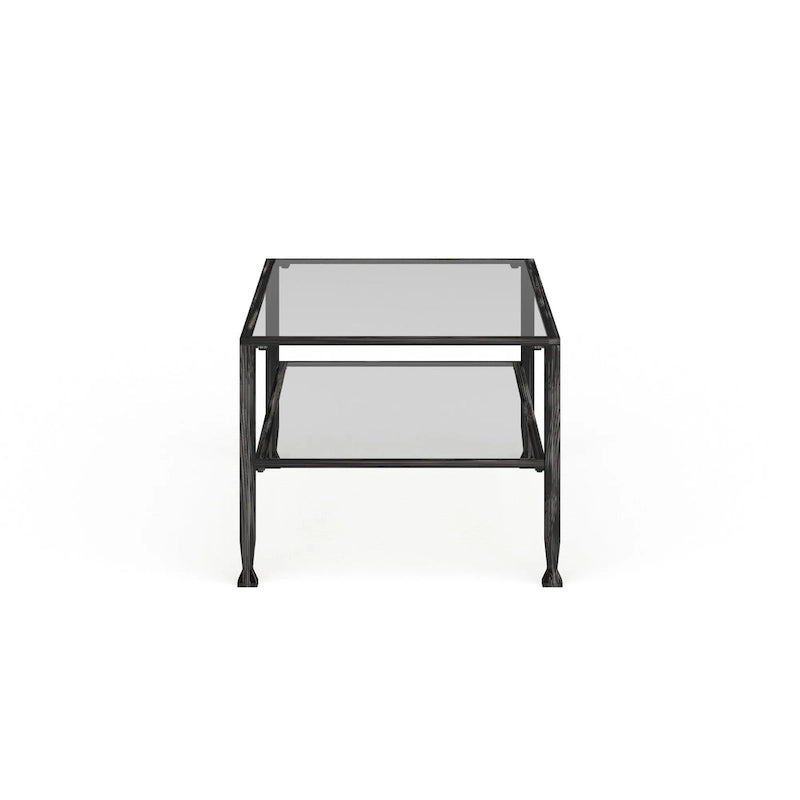 Table basse rectangulaire noire en métal avec plateau en verre et étagère inférieure