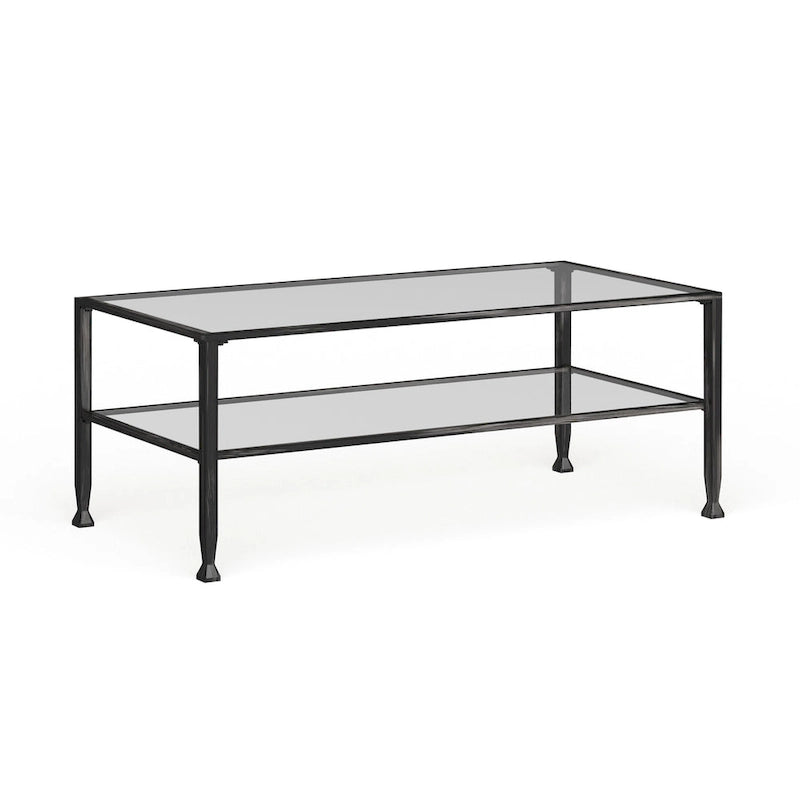 Table basse rectangulaire noire en métal avec plateau en verre et étagère inférieure