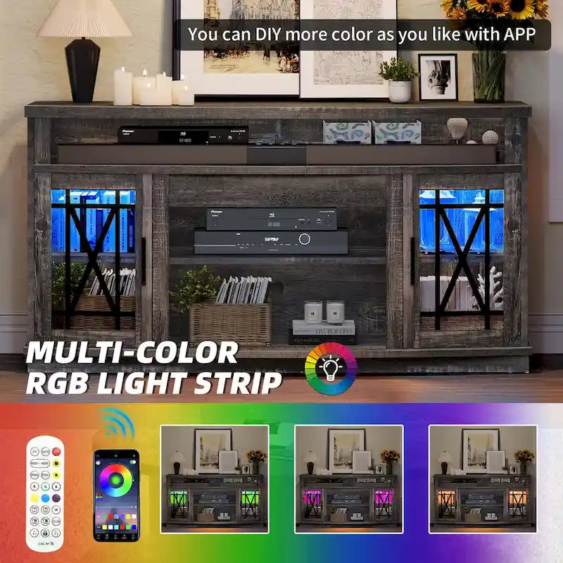 Meuble TV haut de 59 pouces à 2 portes avec lumières LED pour téléviseurs jusqu'à 70 pouces