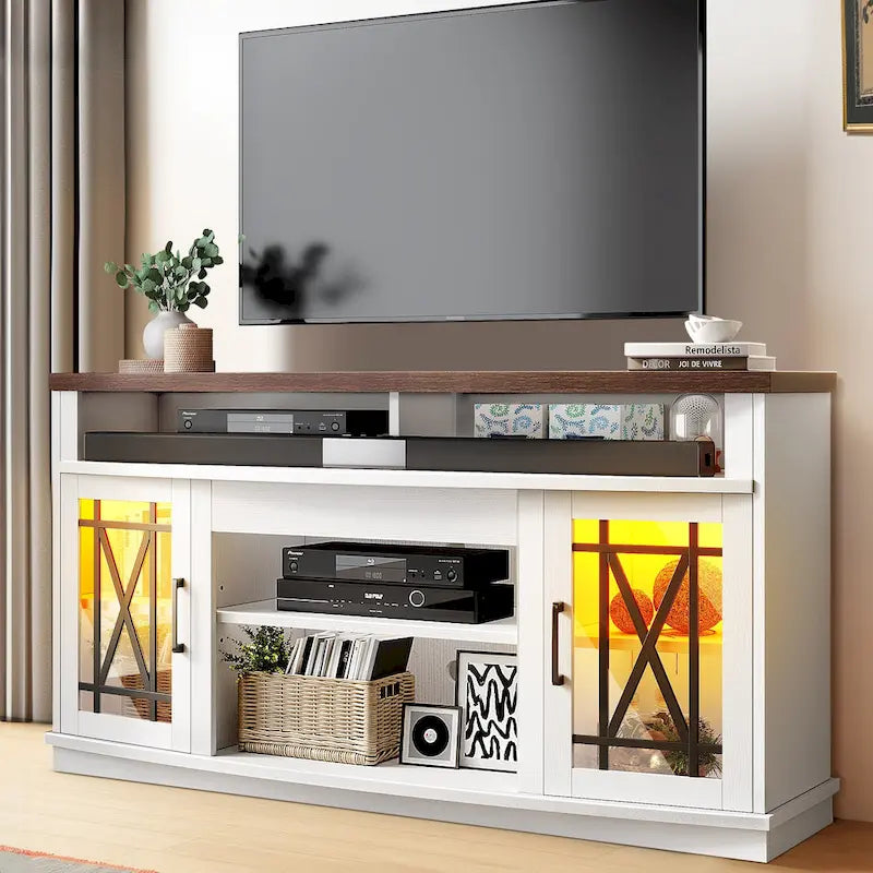 Meuble TV haut de 59 pouces à 2 portes avec lumières LED pour téléviseurs jusqu'à 70 pouces