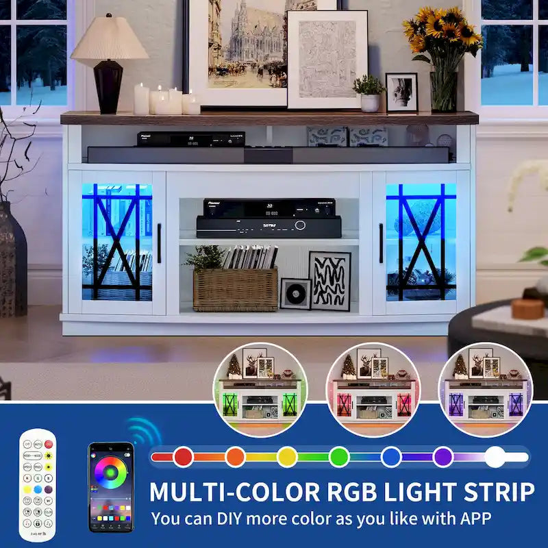 Meuble TV haut de 59 pouces à 2 portes avec lumières LED pour téléviseurs jusqu'à 70 pouces
