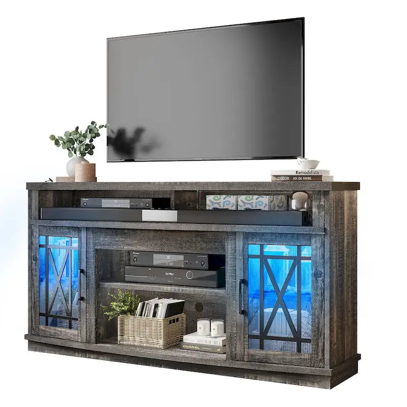 Meuble TV haut de 59 pouces à 2 portes avec lumières LED pour téléviseurs jusqu'à 70 pouces