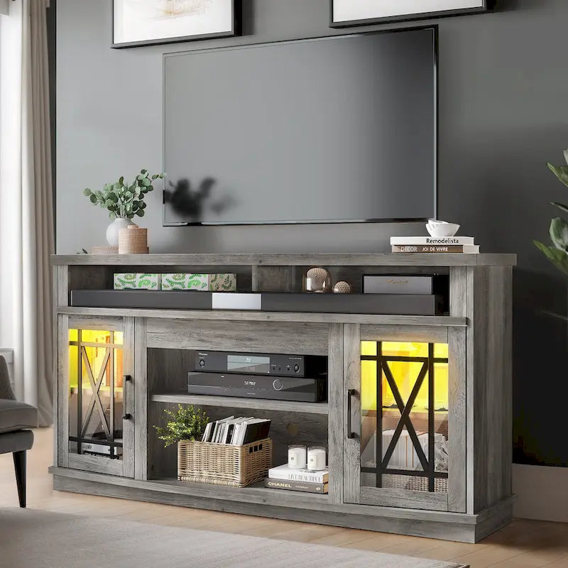 Meuble TV haut de 59 pouces à 2 portes avec lumières LED pour téléviseurs jusqu'à 70 pouces