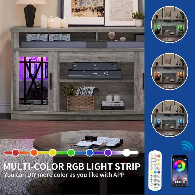 Meuble TV haut de 59 pouces à 2 portes avec lumières LED pour téléviseurs jusqu'à 70 pouces