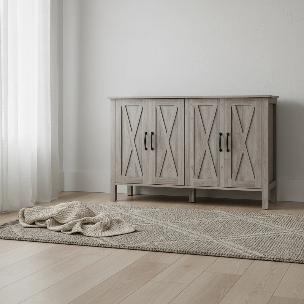 Buffet, Bahut de 47" avec 4 portes coulissantes et 2 étagères réglables, Meuble de bar à café style ferme