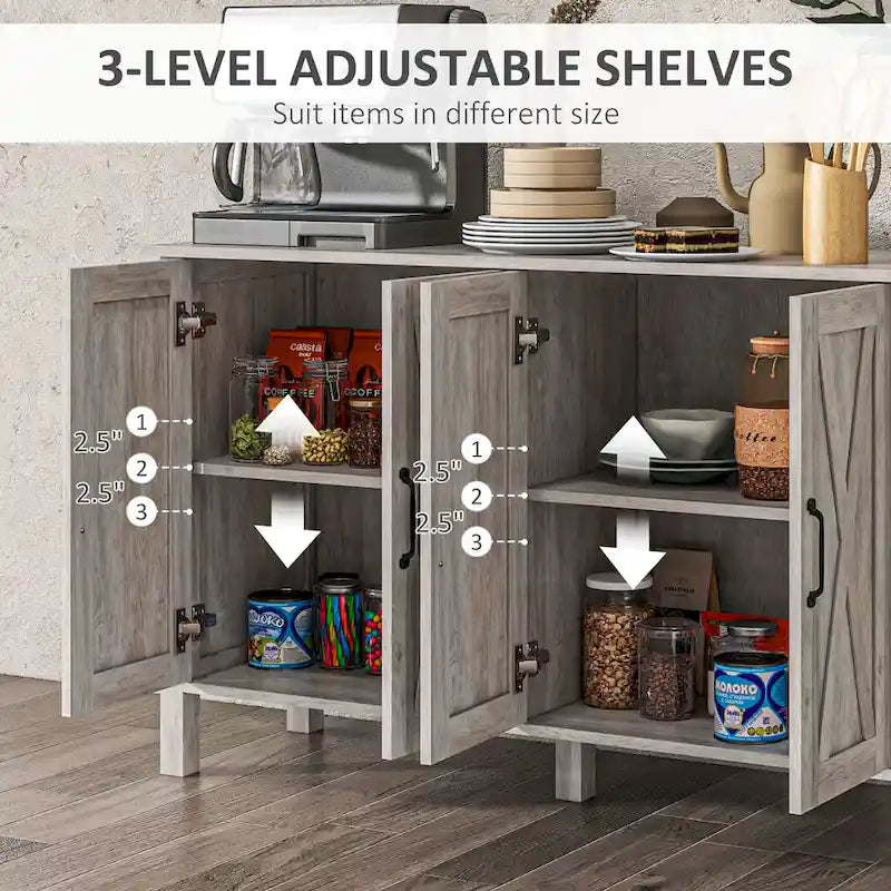 Buffet, Bahut de 47" avec 4 portes coulissantes et 2 étagères réglables, Meuble de bar à café style ferme