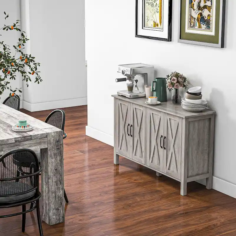 Buffet, Bahut de 47" avec 4 portes coulissantes et 2 étagères réglables, Meuble de bar à café style ferme