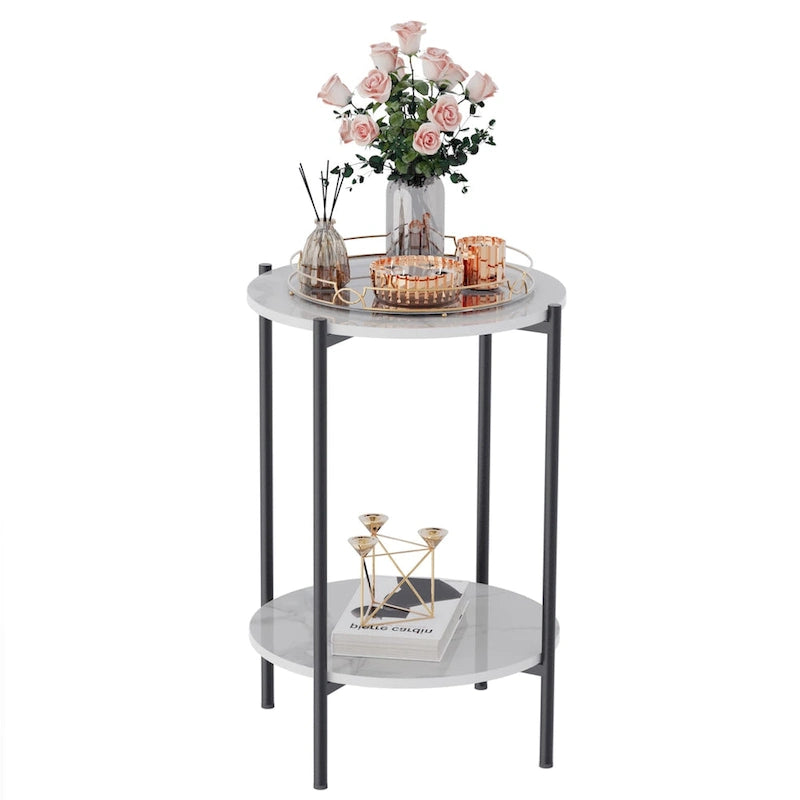 Table d'appoint de canapé ronde à 2 niveaux en marbre, table basse d'appoint, cadre métallique noir