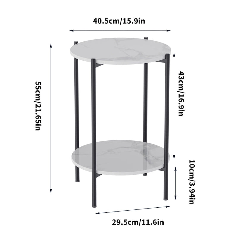 Table d'appoint de canapé ronde à 2 niveaux en marbre, table basse d'appoint, cadre métallique noir