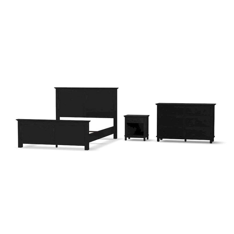 Lit queen en bois noir, table de nuit et commode par