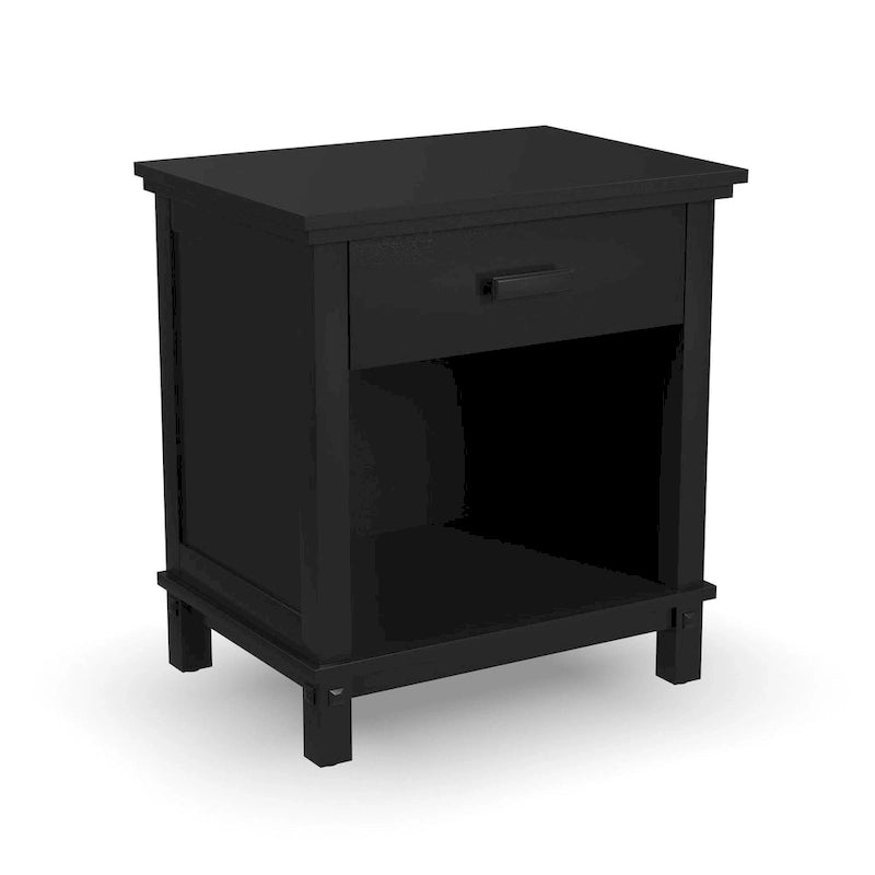 Lit queen en bois noir, table de nuit et commode par