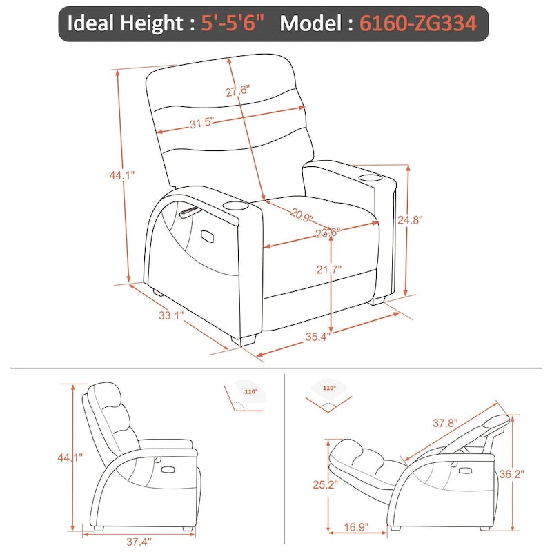 Fauteuil inclinable électrique zéro gravité avec appui-tête réglable pour salon, tissu