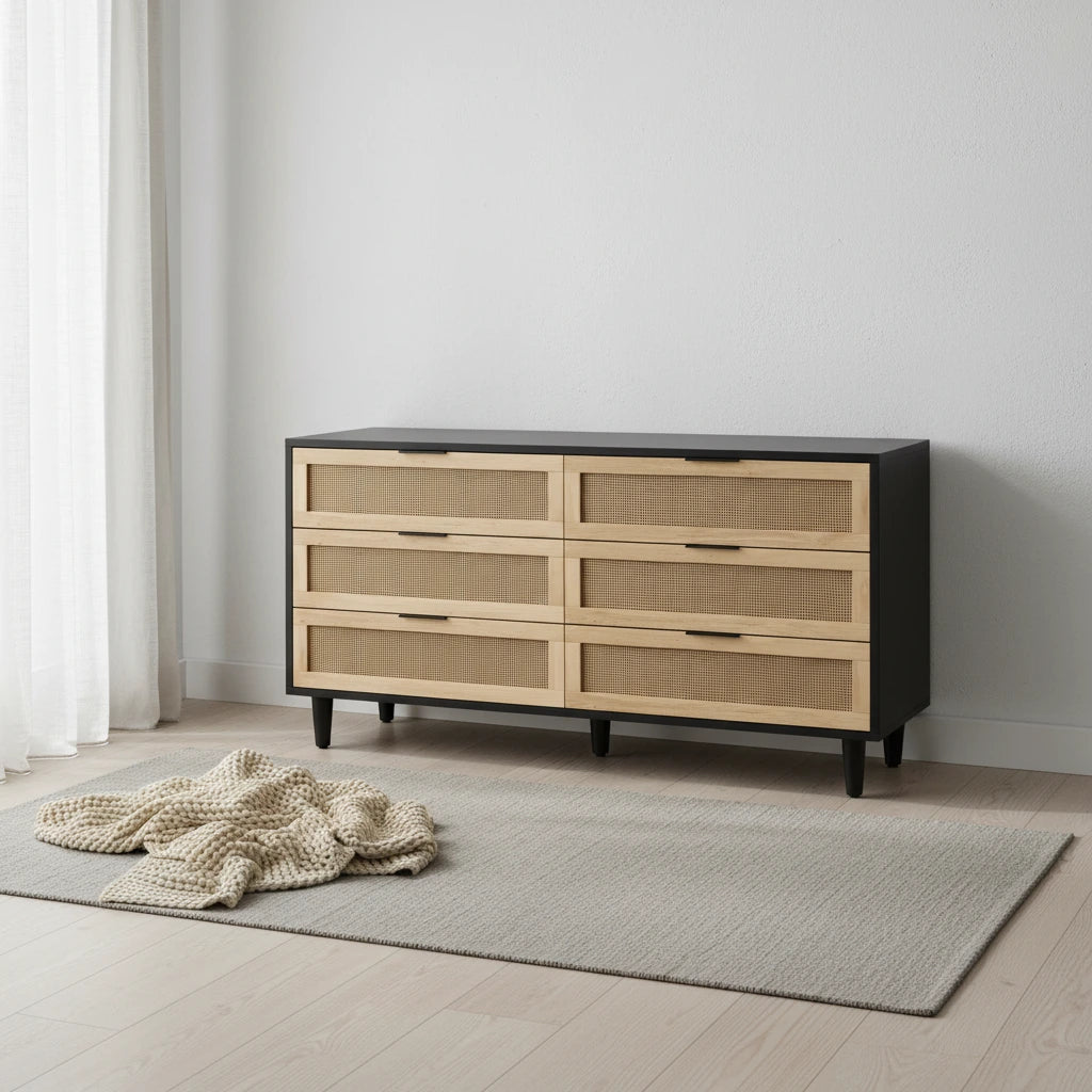 59.066-Meuble de rangement à tiroirs en rotin avec glissières de tiroir blanches