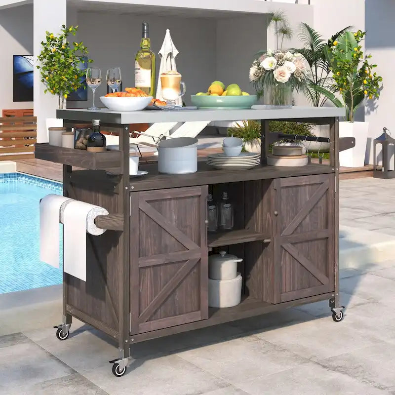 Îlot de cuisine d'extérieur, chariot de bar roulant et meuble de rangement, table de barbecue d'extérieur en bois massif de style ferme avec plateau en acier inoxydable