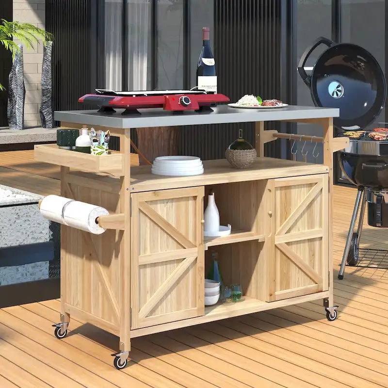 Îlot de cuisine d'extérieur, chariot de bar roulant et meuble de rangement, table de barbecue d'extérieur en bois massif de style ferme avec plateau en acier inoxydable