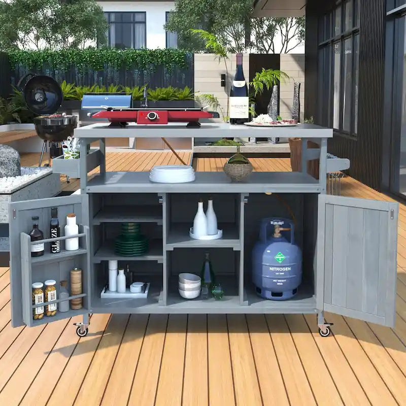 Îlot de cuisine d'extérieur, chariot de bar roulant et meuble de rangement, table de barbecue d'extérieur en bois massif de style ferme avec plateau en acier inoxydable