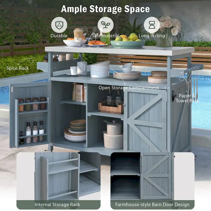 Îlot de cuisine d'extérieur, chariot de bar roulant et meuble de rangement, table de barbecue d'extérieur en bois massif de style ferme avec plateau en acier inoxydable
