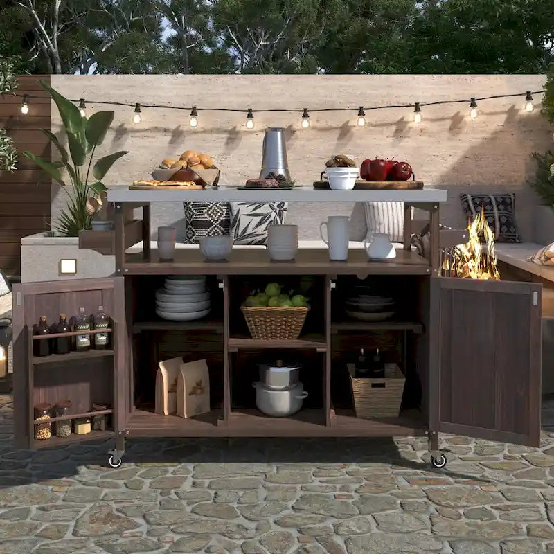 Îlot de cuisine d'extérieur, chariot de bar roulant et meuble de rangement, table de barbecue d'extérieur en bois massif de style ferme avec plateau en acier inoxydable