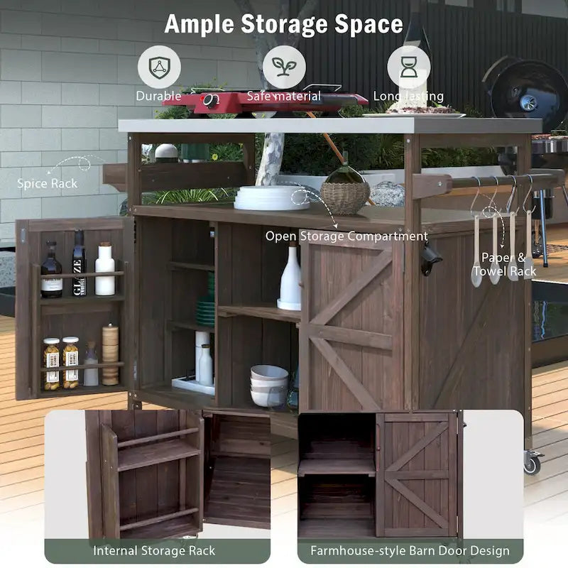 Îlot de cuisine d'extérieur, chariot de bar roulant et meuble de rangement, table de barbecue d'extérieur en bois massif de style ferme avec plateau en acier inoxydable