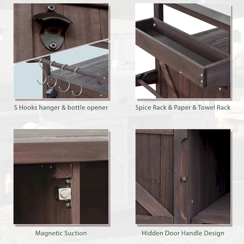 Îlot de cuisine d'extérieur, chariot de bar roulant et meuble de rangement, table de barbecue d'extérieur en bois massif de style ferme avec plateau en acier inoxydable