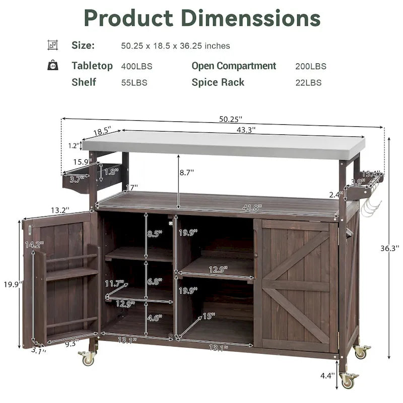 Îlot de cuisine d'extérieur, chariot de bar roulant et meuble de rangement, table de barbecue d'extérieur en bois massif de style ferme avec plateau en acier inoxydable
