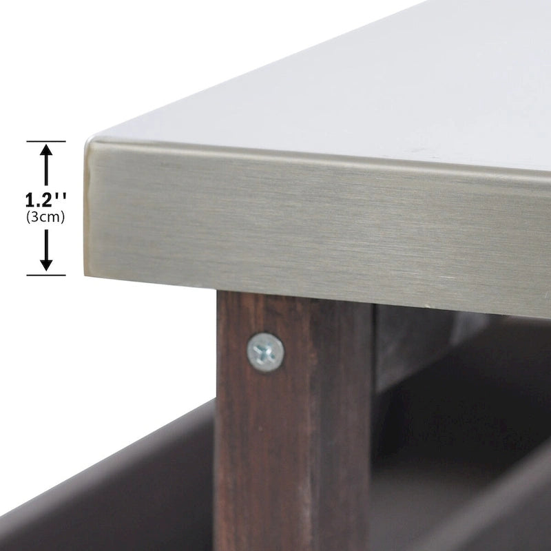 Îlot de cuisine d'extérieur, chariot de bar roulant et meuble de rangement, table de barbecue d'extérieur en bois massif de style ferme avec plateau en acier inoxydable