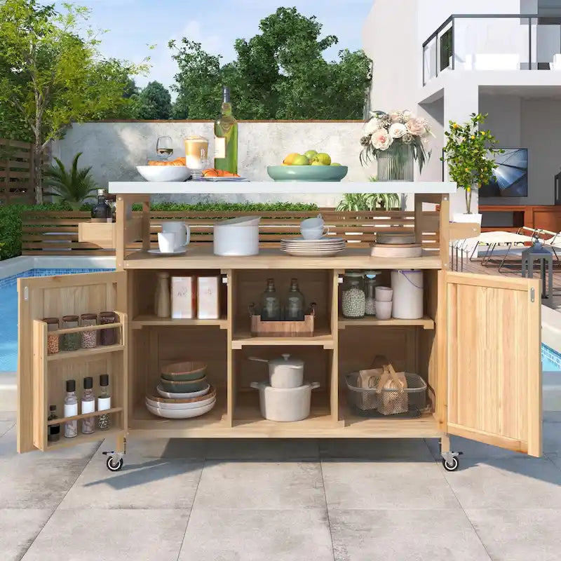 Îlot de cuisine d'extérieur, chariot de bar roulant et meuble de rangement, table de barbecue d'extérieur en bois massif de style ferme avec plateau en acier inoxydable