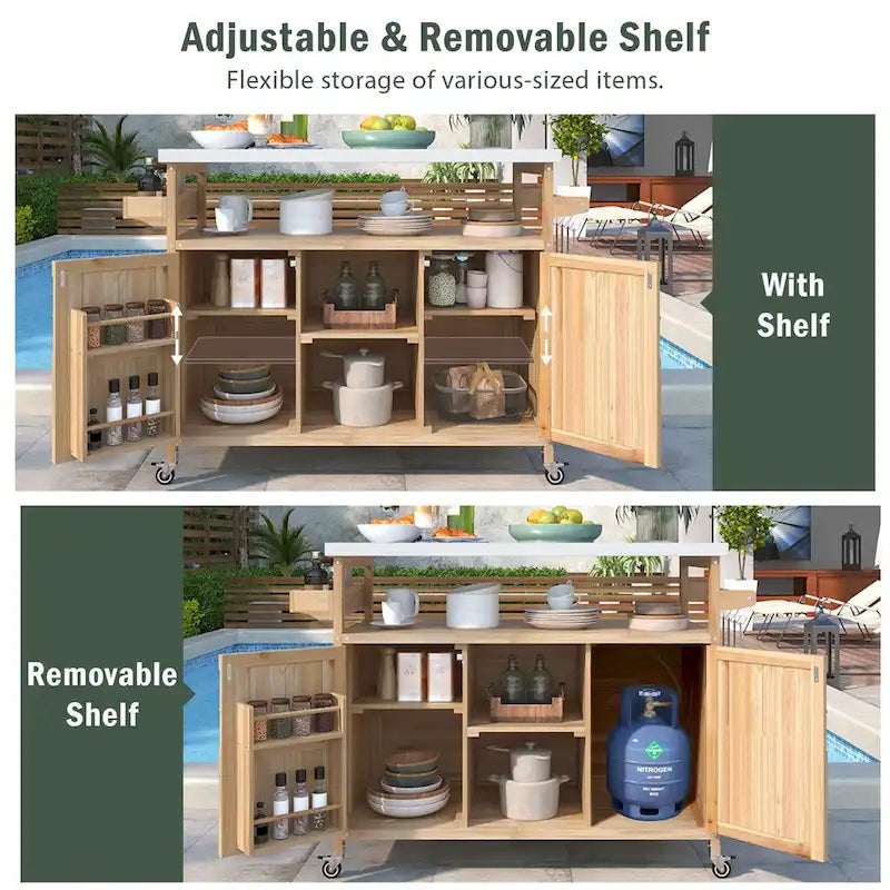 Îlot de cuisine d'extérieur, chariot de bar roulant et meuble de rangement, table de barbecue d'extérieur en bois massif de style ferme avec plateau en acier inoxydable