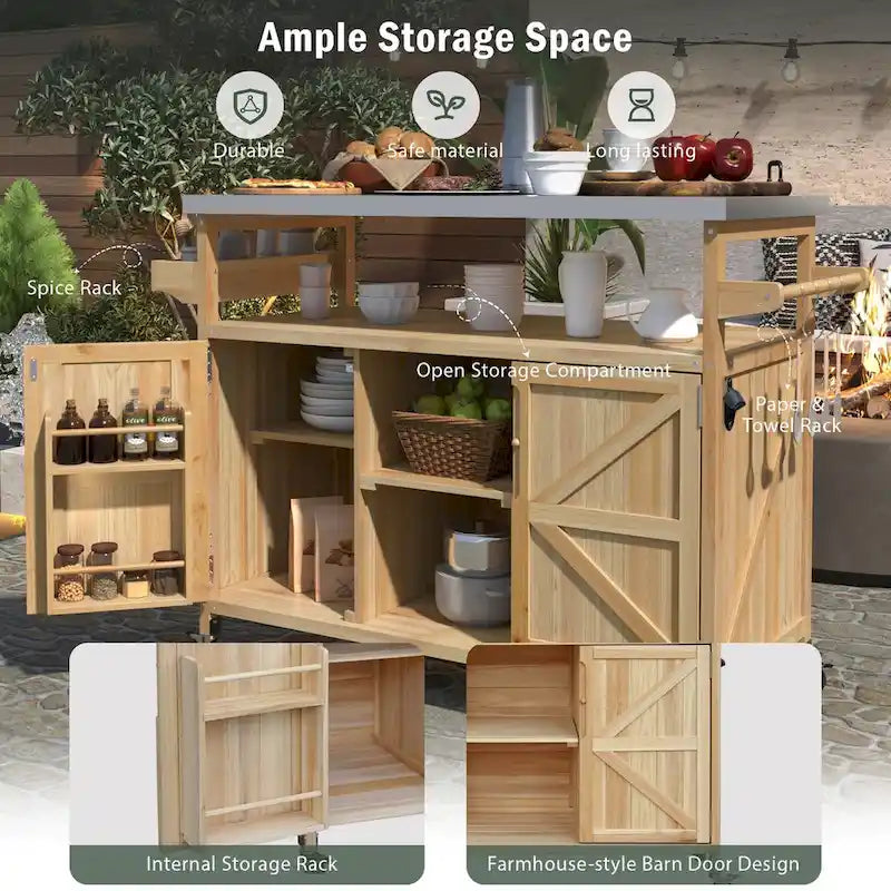 Îlot de cuisine d'extérieur, chariot de bar roulant et meuble de rangement, table de barbecue d'extérieur en bois massif de style ferme avec plateau en acier inoxydable