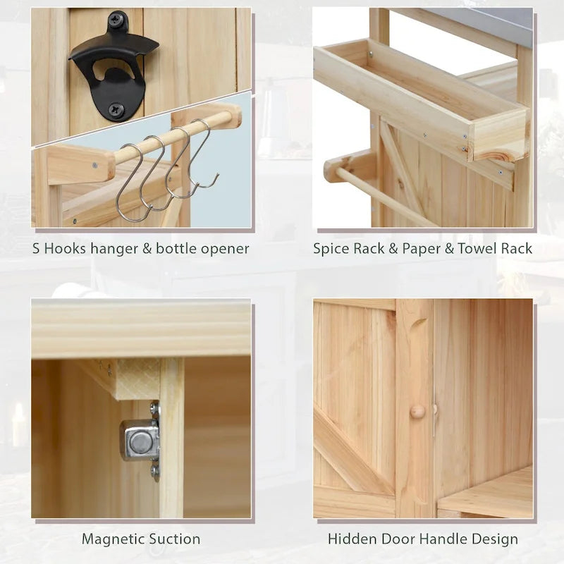 Îlot de cuisine d'extérieur, chariot de bar roulant et meuble de rangement, table de barbecue d'extérieur en bois massif de style ferme avec plateau en acier inoxydable