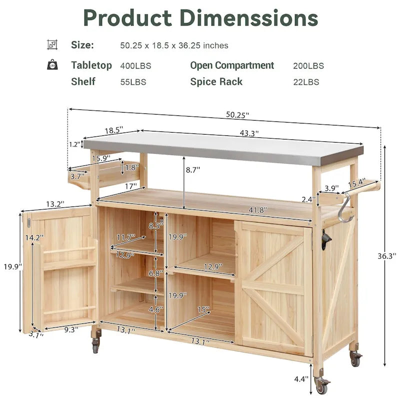 Îlot de cuisine d'extérieur, chariot de bar roulant et meuble de rangement, table de barbecue d'extérieur en bois massif de style ferme avec plateau en acier inoxydable
