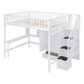 White Full Pine Loft Bed with Bookshelf, Drawers, Desk, Wardrobe, Storage Stair