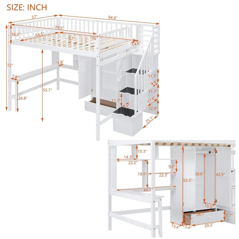 Lit mezzanine en pin blanc avec étagère, tiroirs, bureau, armoire, escalier de rangement