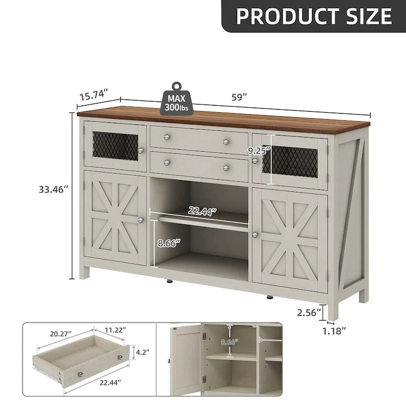 Meuble de Bar à Café de 150 cm avec Porte Coulissante, 2 Grands Tiroirs et Porte Vitrée