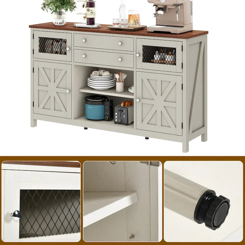 Meuble de Bar à Café de 150 cm avec Porte Coulissante, 2 Grands Tiroirs et Porte Vitrée