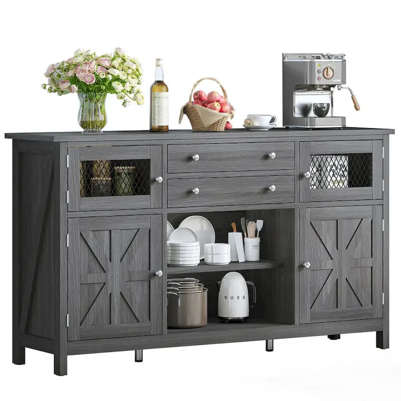 Meuble de Bar à Café de 150 cm avec Porte Coulissante, 2 Grands Tiroirs et Porte Vitrée