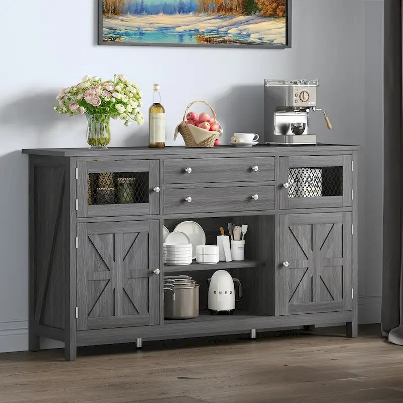Meuble de Bar à Café de 150 cm avec Porte Coulissante, 2 Grands Tiroirs et Porte Vitrée