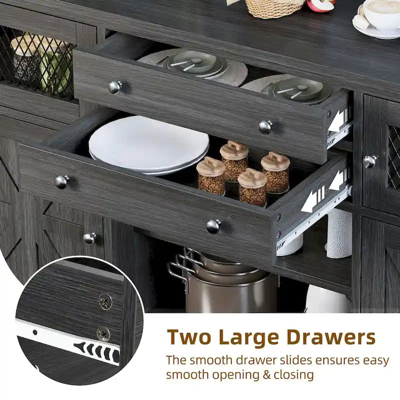 Meuble de Bar à Café de 150 cm avec Porte Coulissante, 2 Grands Tiroirs et Porte Vitrée
